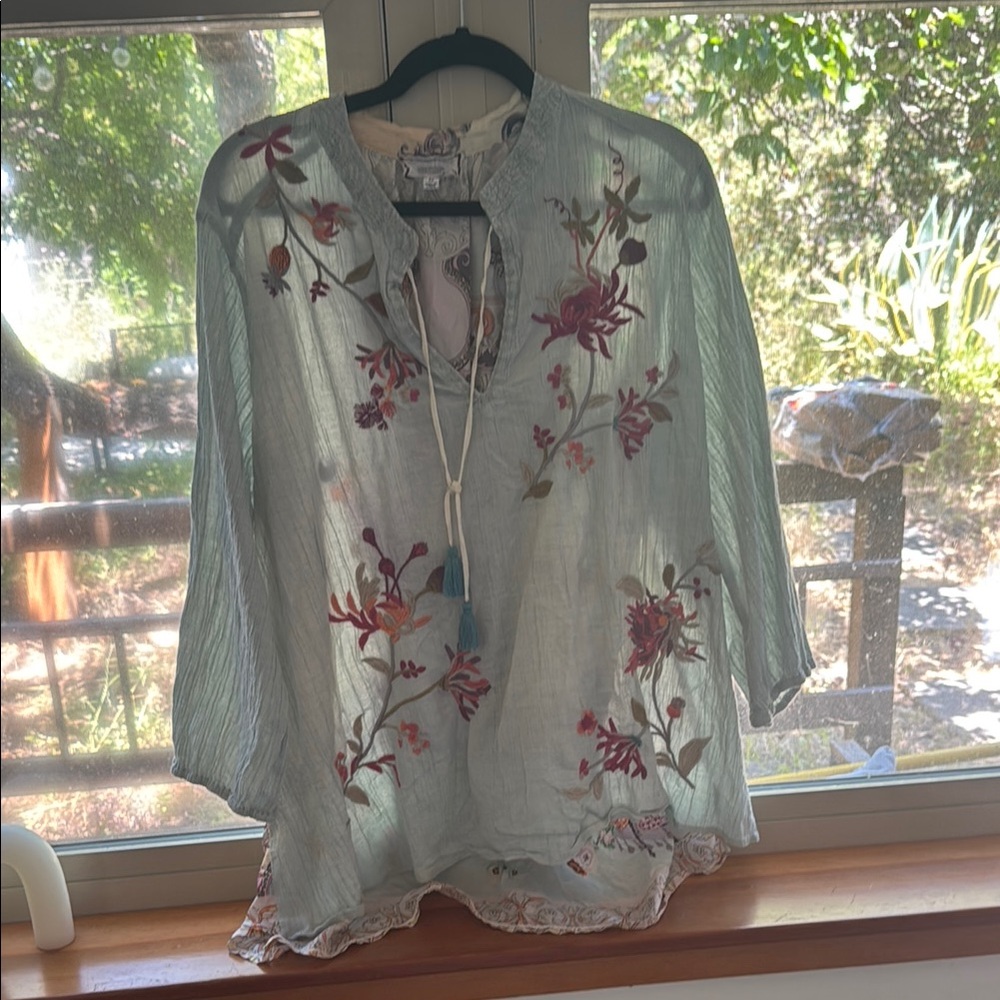 Johnny Was Cream Pink Embellished 3/4 Sleeve Blouse